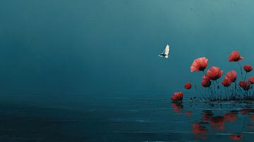 Rote Blumen und weißer Vogel am Meer Panorama von TheXclusive Art