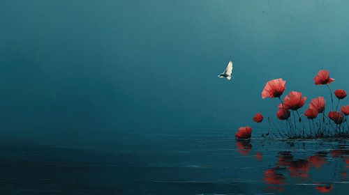 Rote Blumen und weißer Vogel am Meer Panorama