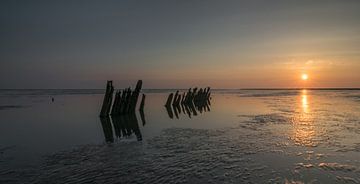 Poteaux dans la mer au crépuscule