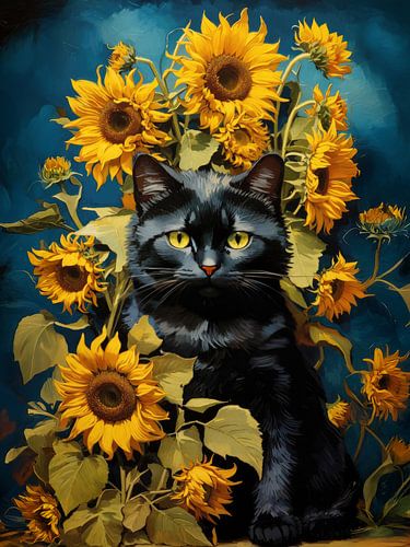 Zwarte kat met zonnebloemen in de tuin