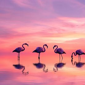 Flamingo (foerageert bij zonsondergang) van Fotografie Gina Heynze