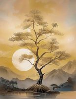 Sfeervol en sereen Japans berglandschap met ondergaande zon