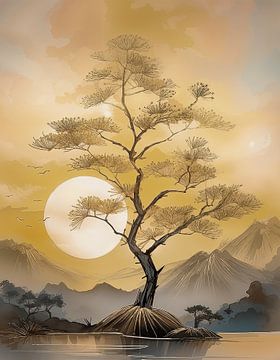 Sfeervol en sereen Japans berglandschap met ondergaande zon van Studio Pieternel