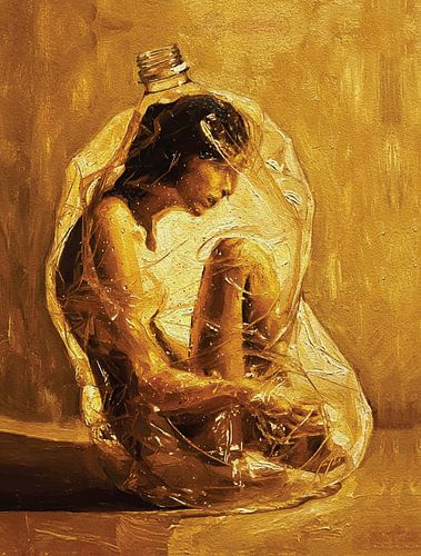 Vrouw in plastiek - Olieverfschilderij