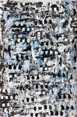 Blauwe spatten van kleur op zwart en wit verwarren met zwarte vierkantjes