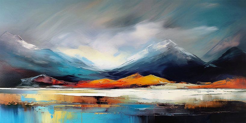 Berglandschap met bergen met witte toppen en een meer op de voorgrond van Laila Bakker