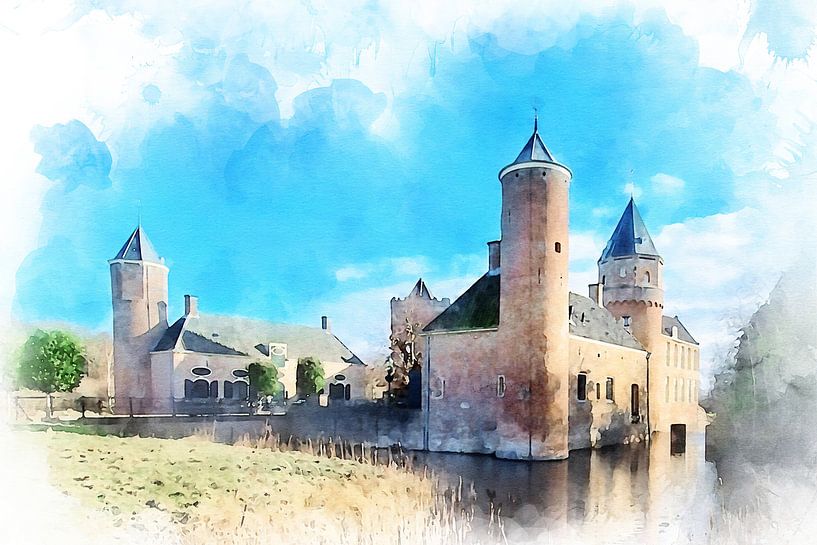 Aquarell des Schlosses Westhove im Naturschutzgebiet De Manteling in der Gemeinde Veere. von Danny de Klerk