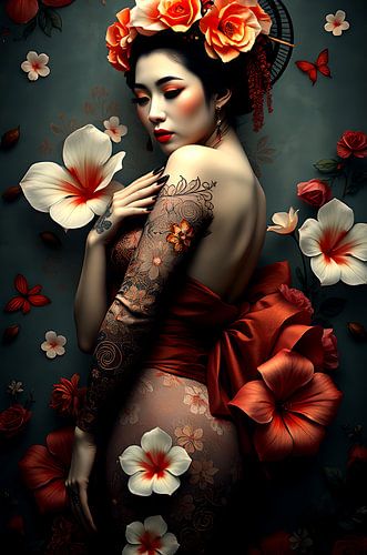 Geisha oosterse vrouw met bloemen