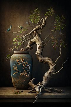 Surreal still life with beautiful branches and birds by Digitale Schilderijen