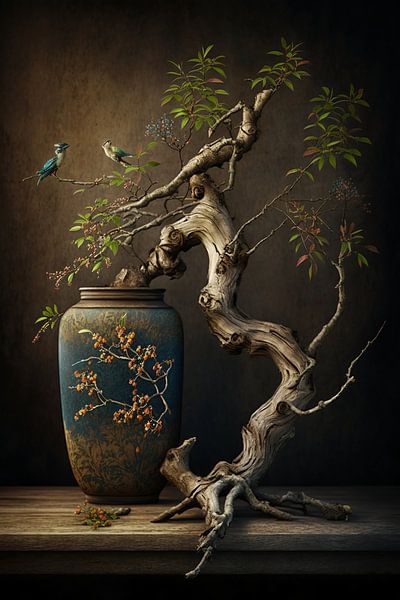 Surreales Stillleben mit schönen Zweigen und Vögeln von Digitale Schilderijen