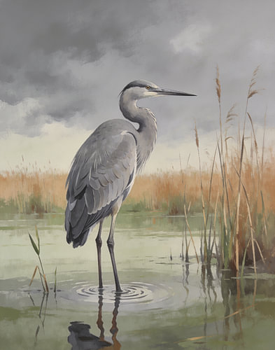 Grey Heron Among Reeds and Reflections
