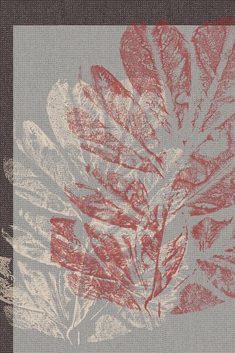 Rétro botanique abstrait. Grandes feuilles en rouge et blanc sur fond gris bleu.