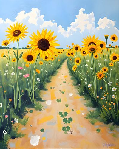 Chemin à travers le champ de tournesols