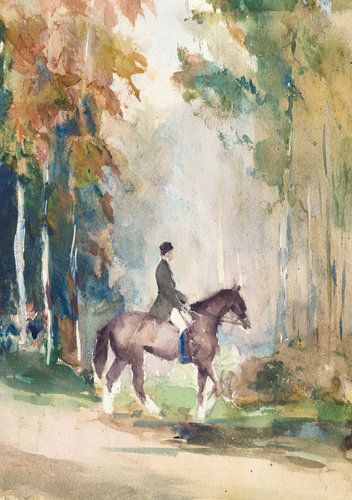 Rider on a forest path in watercolour