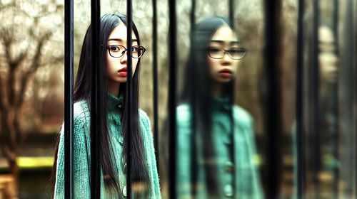 Nadenkende jonge Japanse vrouw achter glas