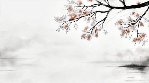 Branche avec feuilles d'automne au-dessus d'un lac brumeux