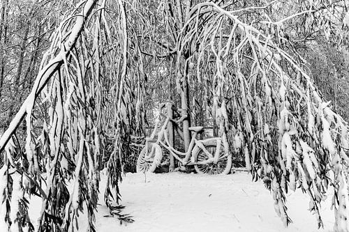 Besneeuwde fiets in een winterlandschap
