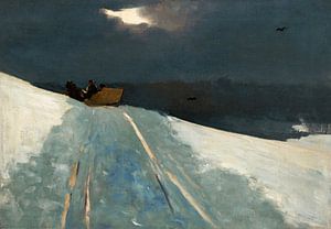 Schlittenfahrt von Winslow Homer. Realistische Winterlandschaft mit Schnee in blau, grün, weiß, brau