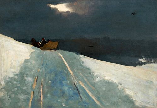 Chevauchée en traîneau par Winslow Homer. Paysage réaliste d'hiver avec de la neige en bleu, vert, b