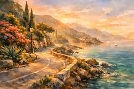 Coastal road by the Mediterranean – watercolour landscape in the evening light by ButterflyPix