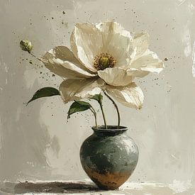 A still life of a ceramic vase with a beige and white flower. by J.a Dijkstra