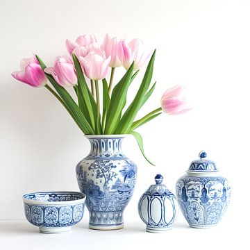 Pink tulips in blue vase still life by Vlindertuin Art