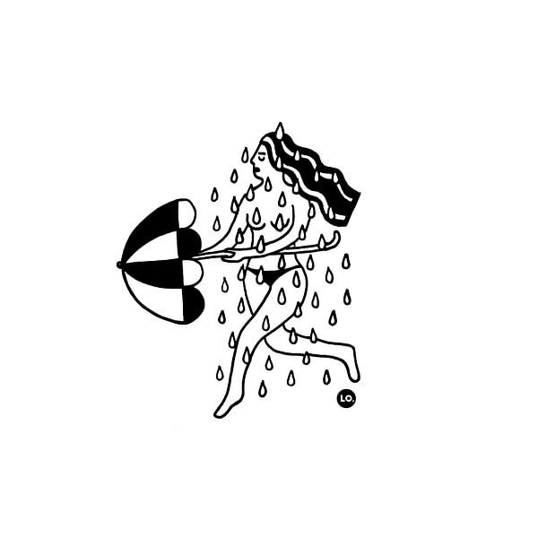 Nackte Frau im Regen mit Regenschirm von Lola Vogels