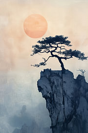 Zen landscape with lone tree and rock by Vlindertuin-Art