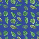 Nahtloses Muster von botanischen Blättern auf blau von Ivonne Wierink Miniaturansicht