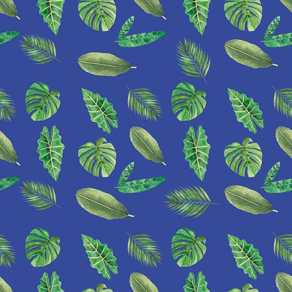 Nahtloses Muster von botanischen Blättern auf blau von Ivonne Wierink