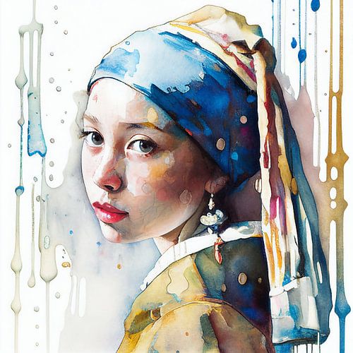 Fille de l'aquarelle avec les points de perle et les rayures sur Bianca ter Riet