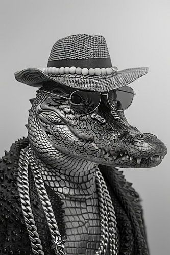 Crocodile stylé en veste en jean et lunettes de soleil