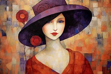 Vrouwenportret met Mauvekleurige hoed van Blikvanger Schilderijen