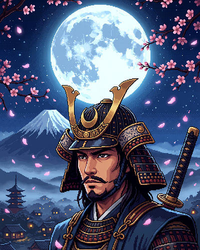 Pixel art : Samurai Under the Moonlit Sakura Sky