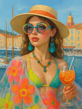 Zomerse glamour - Vrouw met cocktail in kustplaatsje van Dagmar Pels