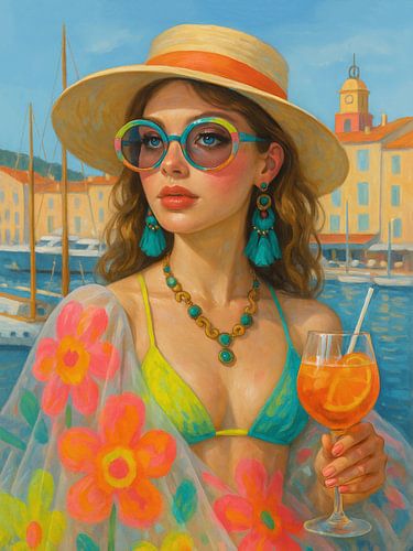 Summer Glamour – Woman with Cocktail in Coastal Town