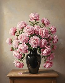 Peony Paeonia lactiflora in a matte black ceramic vase by Regan Frederick