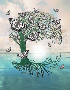Levensboom met dambordjes vlinders van Bianca Wisseloo
