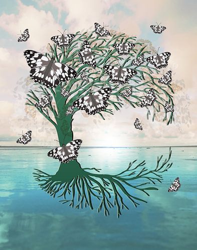 Levensboom met dambordjes vlinders