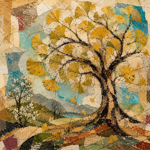 Ginkgo oerboom in goud en oker