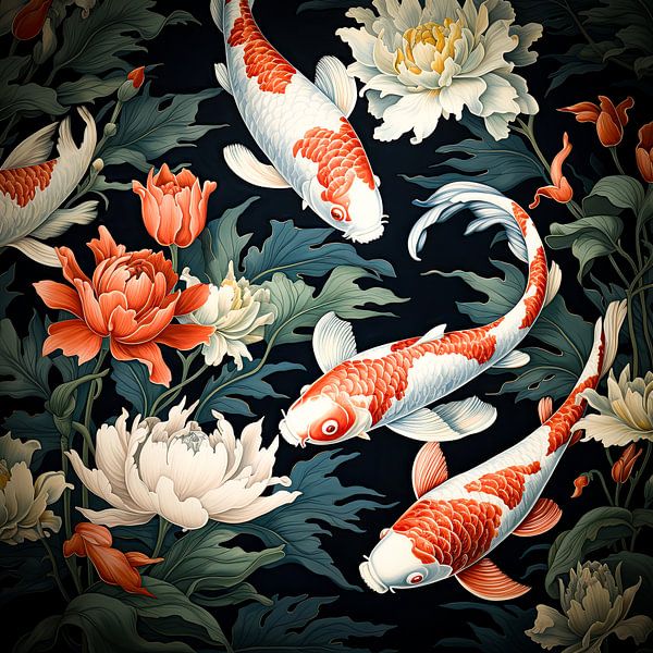 Koi karpers zwemmend tussen de waterlelies van Vlindertuin-Art