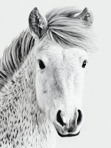 Pony mit wehender Mähne – Pferdekunst in Schwarzweiß