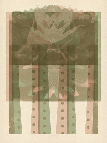 Abstracte organische en geometrische vormen in groen, roze, wit.