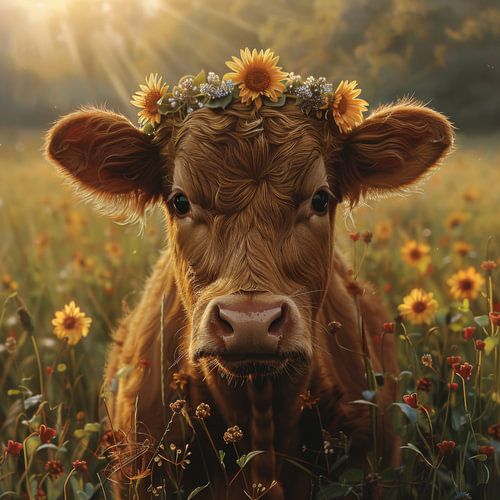 Koeienportret met zonnebloemkrans voor rustieke gezelligheid