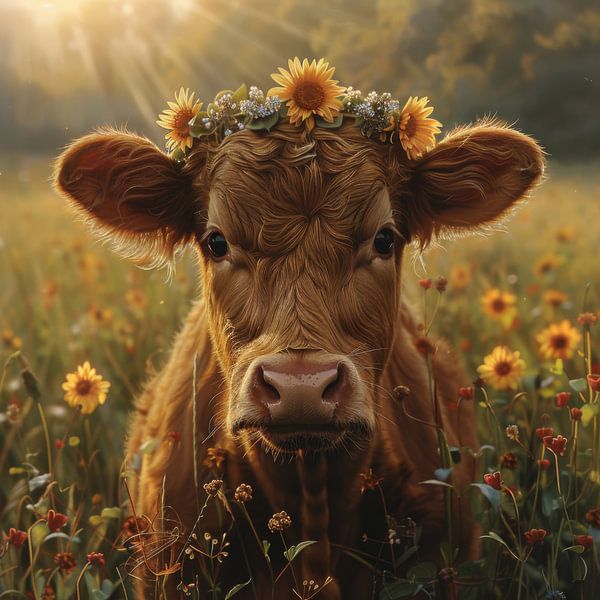 Cow portrait with sunflower wreath for rustic cosiness by Poster Art Shop