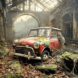 Lost Place Mini Cooper rusted red forgotten backyard