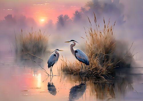 Reigers bij zonsopgang aan een meer