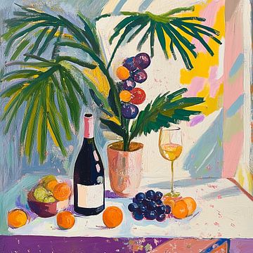 Still Life with Wine and Bottle: Elegance in Matisse Style by Thea
