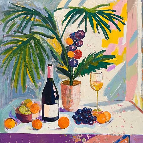 Stilleben mit Wein und Flasche: Eleganz im Matisse-Stil