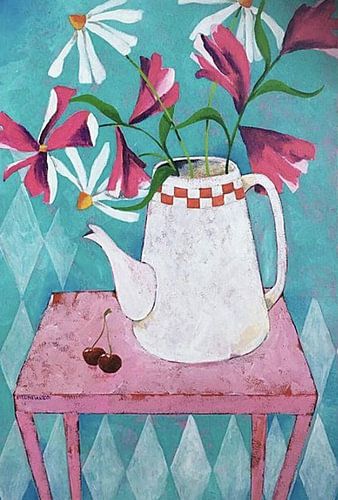 Still life with funny pink table and flowers